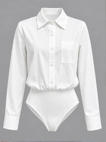 SHEIN LUNE Bodysuit Lengan Panjang Minimalis Kancing Serbaguna untuk Wanita, Cocok untuk Kantor - Putih - View 4