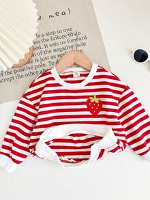 SHEIN 女嬰條紋草莓圖案休閒日常長袖運動衫 - 紅色 - 查看 6