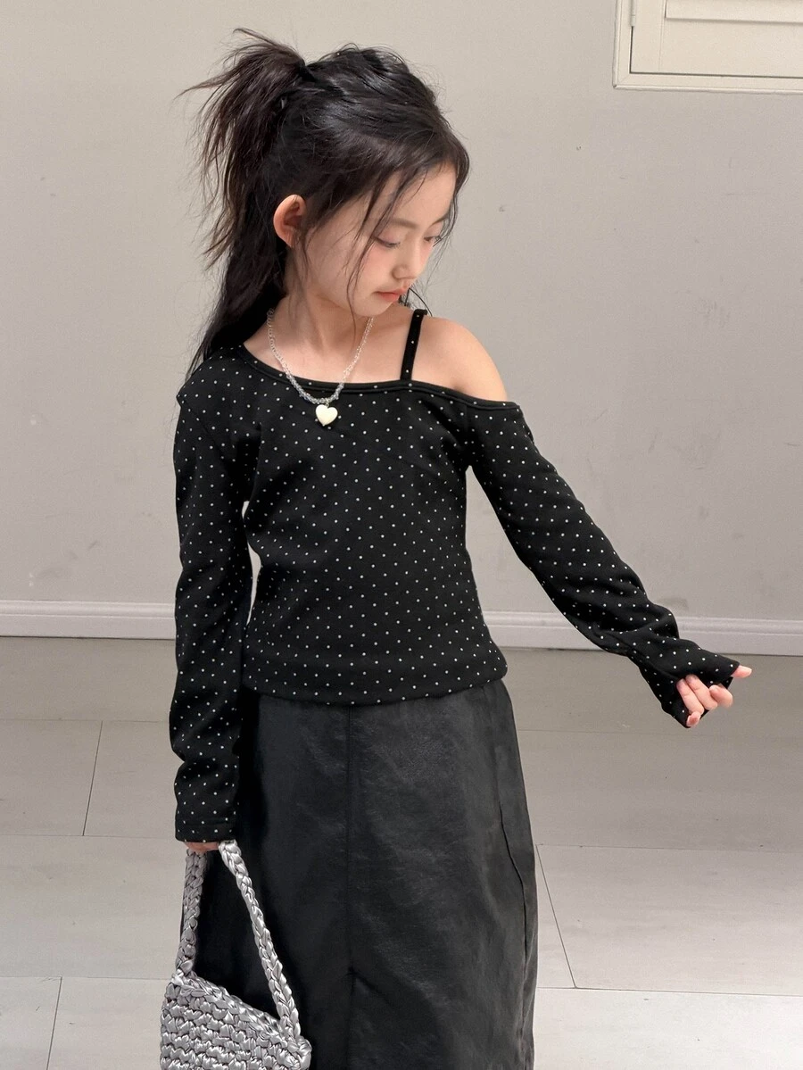 DAZY Tween Girl Polka Dot Print Asymmetric Collar Long Sleeve T-Shirt - Black - View 1