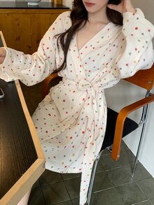 DAZY Women's Fashionable Versatile Polka Dot Contrast Color Robe For Home Wear - White - View 12