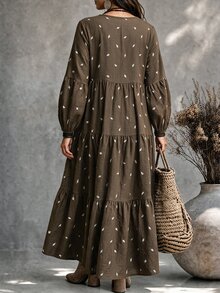Ceyna 大尺碼女款法式休閒優雅圓領仿刺繡寬鬆長袖洋裝 - 棕色 - 查看 2