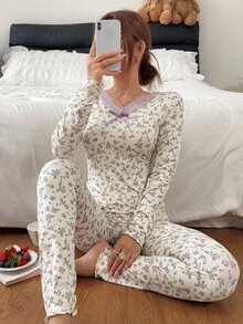 Napfluff طقم علوي وبنطلون ضيق للنساء باللون البنفسجي مع دانتيل وزهور صغيرة، ملابس داخلية فاخرة للربيع والخريف - لون مشمشي - مشاهدة 5