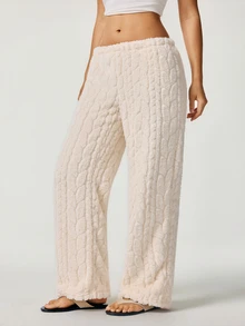 SHAPORA 2pcs Solid Elastic Waist Flannelette Lounge Pants - Multicolor - View 3