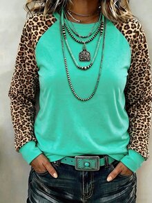 SHEIN LUNE Fashion Retro Casual Basic Round Neck Raglan Long Sleeve Leopard Print Body Green Colorblock Plus Size Sweatshirt - Multicolor - View 1
