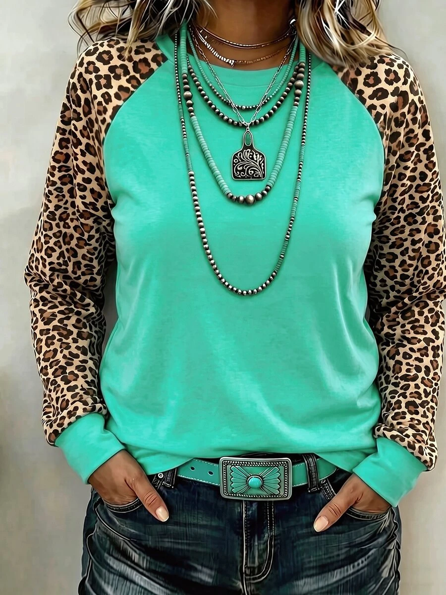 SHEIN LUNE Fashion Retro Casual Basic Round Neck Raglan Long Sleeve Leopard Print Body Green Colorblock Plus Size Sweatshirt - Multicolor - View 1