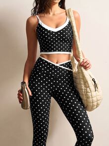 VARSIVA Women's Polka Dot Print Camisole Top And Criss-Cross Waist Contrast Color Long Pants Sports Set - Black and White - View 12