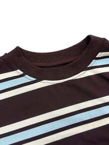 SHEIN Glamour Women's Casual Burgundy Striped Top And Drawstring Shorts Two Pieces Set Loungewear, Sportswear Two Pieces Set - Coffee Brown - View 4