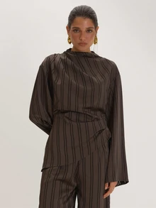 MUSEYN Brown Satin High Neck Ruched Waist Blouser Versatile Everyday Casual Fall - Coffee Brown - View 1