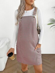 SHEIN 女款格紋口袋休閒孕婦洋裝 - 酒紅色 - 查看 5
