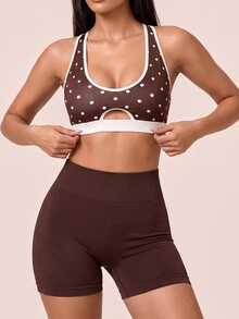 SHEIN BAE Women's Colorblock Polka Dot Print Daily Fitness Sports Bra - Coffee Brown - View 1