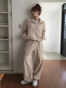 DAZY Solid Color Loose-Fitting Zip-Up Pullover Long-Sleeved Sweatshirt And Pants With Drawstring, Casual Vacation Sports Korean Style Autumn And Winter Thickened Women's Two Pieces Set - Grey - View 6