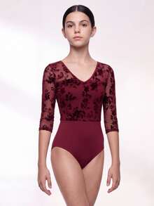 SHEIN Bộ đồ liền thân thể thao cho thiếu nữ, tay lỡ 3/4, lưới in hoa đỏ nhung - Màu Đỏ Sâu - Xem 5