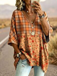 EMERY ROSE Plus Size Women's Boho Orange Plaid & Floral V-Neck Patchwork Batwing Sleeve Asymmetric Hem T-Shirt,Fall Casual Loose Tummy Coverage Going Out Tops - Multicolor - View 1