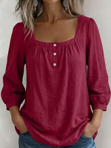 Weeklong Women Plus Size Spring Summer Casual Vacation Square Neck Button Mid Sleeve Solid Color Shirt, Suitable For Daily Wear And Vacation - Burgundy - View 1