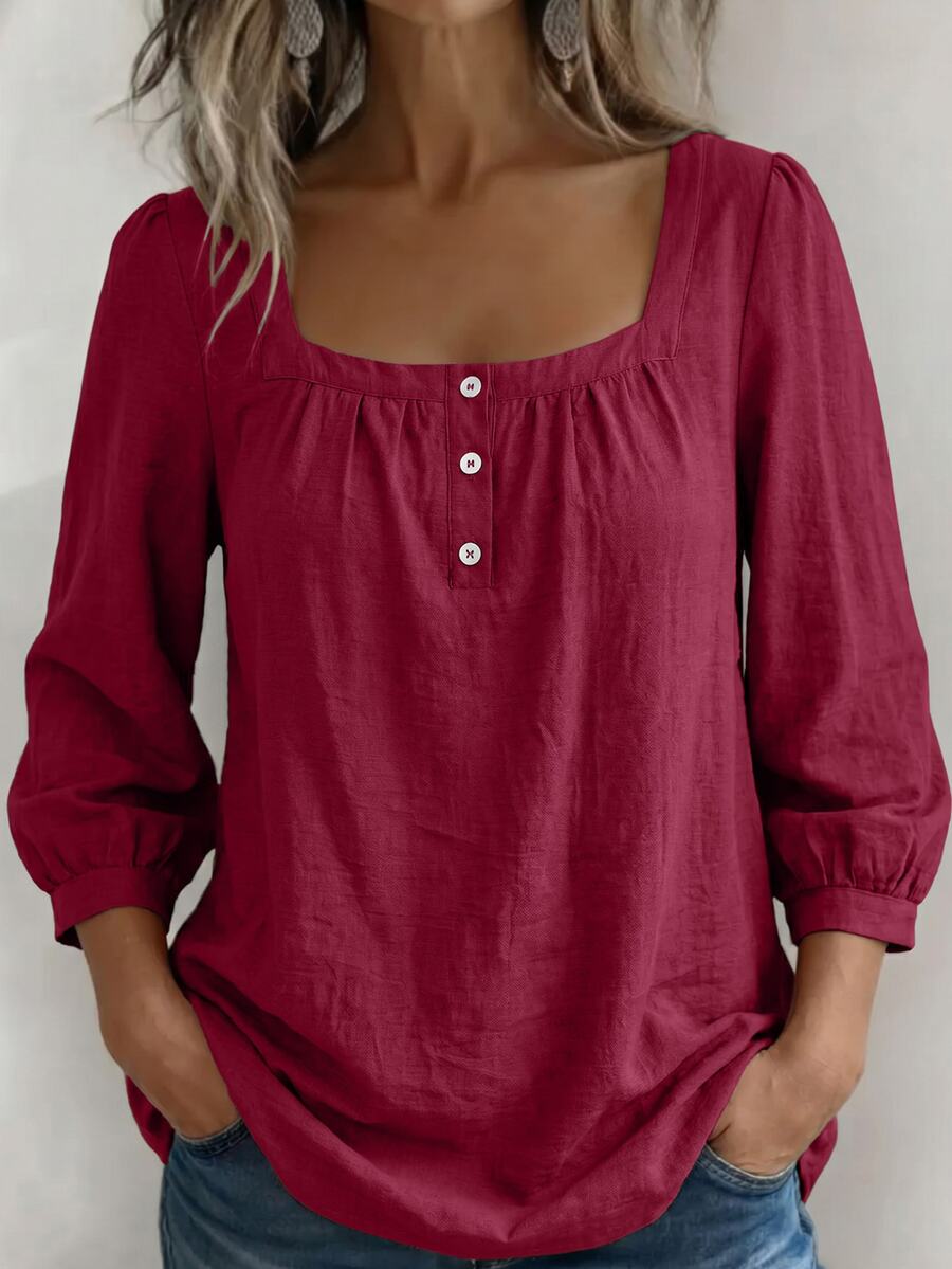 Weeklong Women Plus Size Spring Summer Casual Vacation Square Neck Button Mid Sleeve Solid Color Shirt, Suitable For Daily Wear And Vacation - Burgundy - View 1