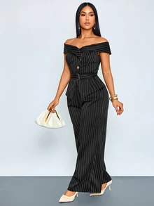 SOLERSUN Women's Off Shoulder Striped Suit High Waist Wide Leg Pants Two Pieces SetPerfect Vacations And Parties - Black - View 7