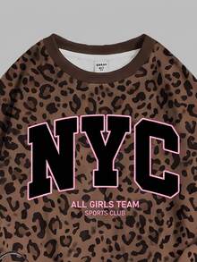Tween女孩棕色調時尚豹紋運動風拼色字母NYC圖案休閒柔軟舒適寬鬆圓領套頭衛衣與內搭褲2件套新套裝，適合秋冬日常穿著、街頭風、甜酷女孩返校季、美式高街、慵懶隨性時尚 - 白色 - 查看 6