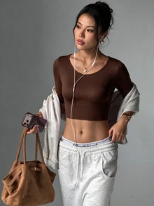 Slayform Women's Minimalist Cropped Sports T-Shirt For Yoga And Fitness - Brown - View 2