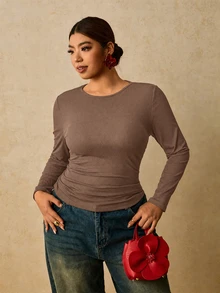 Travachic Plus Size Women Black Long Sleeve Round Neck Thermal Base Layer T-Shirt, Ruched Waist Flattering Belly Control Tee - Brown - View 7