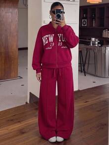 Kids Tween Girl 1pc Letter Graphic Zip Up Thermal Lined Bomber Autumn Winter Jacket & 1pc Wide Leg Sweatpants Set - Burgundy - View 1