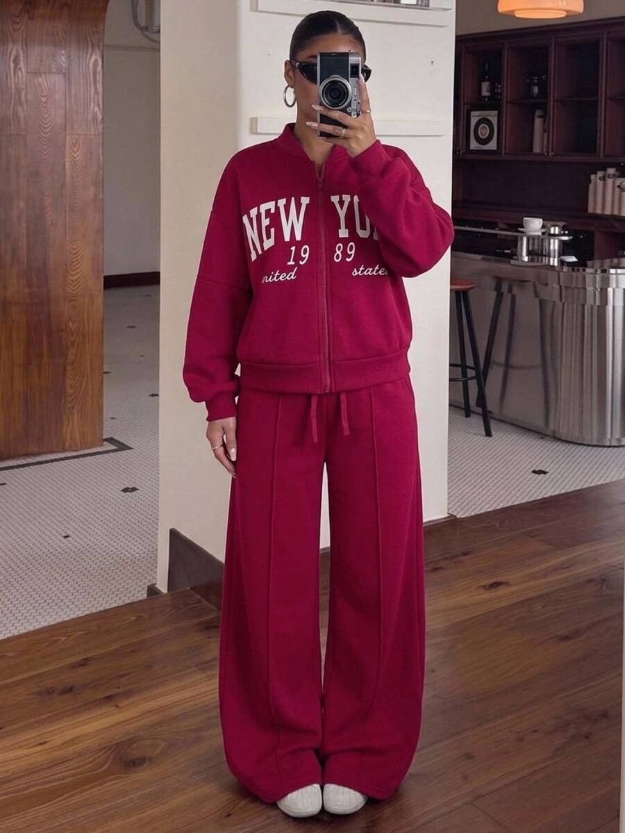 Kids Tween Girl 1pc Letter Graphic Zip Up Thermal Lined Bomber Autumn Winter Jacket & 1pc Wide Leg Sweatpants Set - Burgundy - View 1