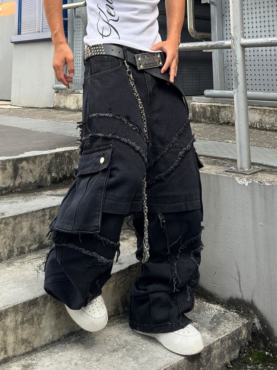 STEELVANCE Street Retro Fashion Versatile Washed Heavy Duty Multi-Pocket Raw Edge Design Loose Straight Leg Wide Leg Casual Denim Jeans For Daily Wear (Belt & Accessories Not Included) - Black - View 1