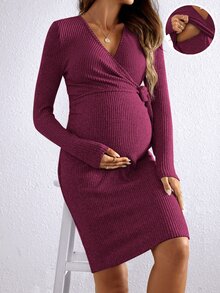 SHEIN 孕婦純色V領腰部打結休閒日常夏季洋裝 - 中紫紅色 - 查看 3