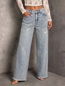 SHEIN MOD Women's Street Style Rhinestone Button Pocket Frayed Hem Jeans - Light Wash - View 1