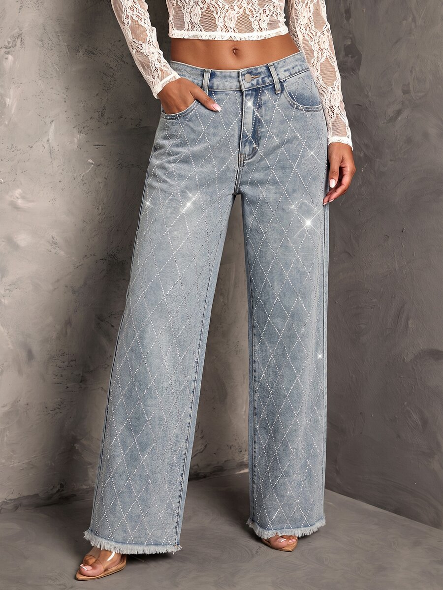 SHEIN MOD Women's Street Style Rhinestone Button Pocket Frayed Hem Jeans - Light Wash - View 1