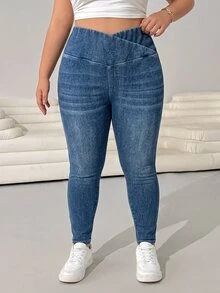 SHEIN MOD Plus Size Women's Asymmetrical Waist Casual Daily Wear Denim Jeans - Dark Wash - View 3