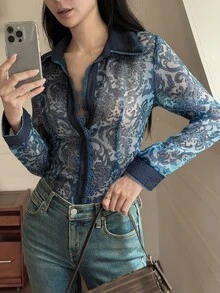 Livesso Tall Women's Floral Print Lace Patchwork Fitted Shirt With Turn Collar And Cinching Waist - Blue - View 7