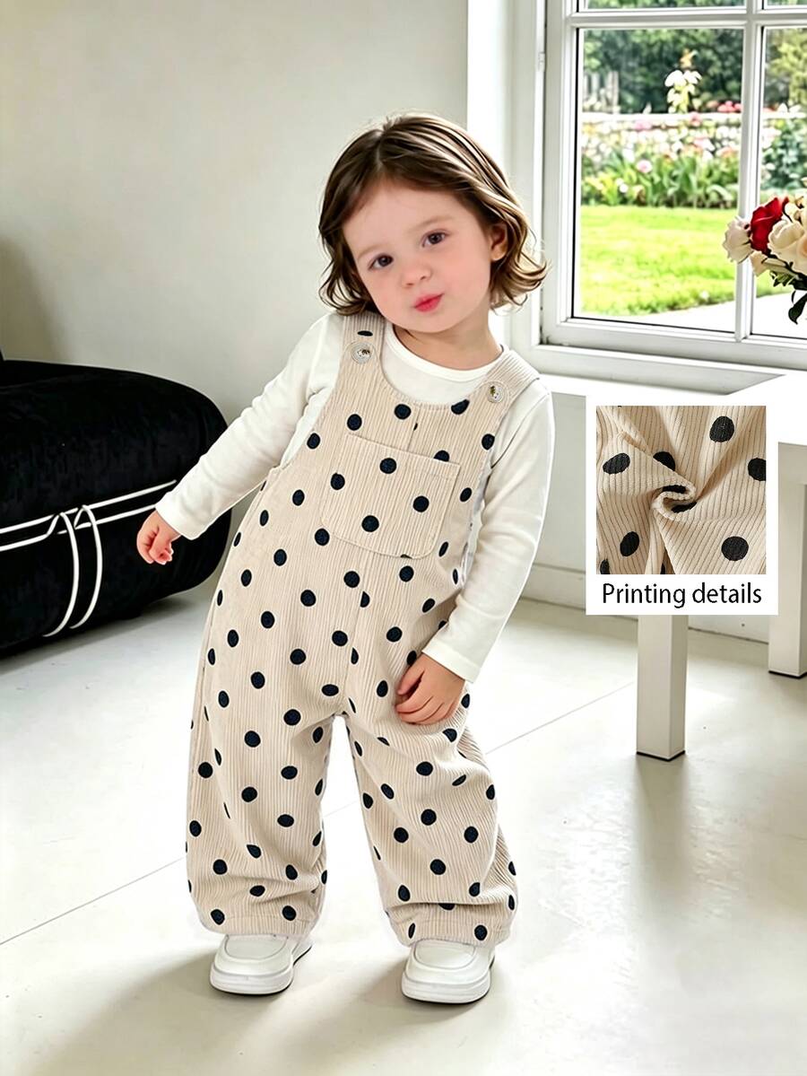 SHEIN 嬰兒女童中性 0-3 歲 幼兒秋季波點滿版印花杏色燈芯絨吊帶長褲 胸前口袋設計 休閒版型 - 杏色 - 查看 1