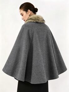 Lumivelle Women's Vintage Oversized Fur Collar Batwing Sleeve Wool Cape Coat - Dark Grey - View 2
