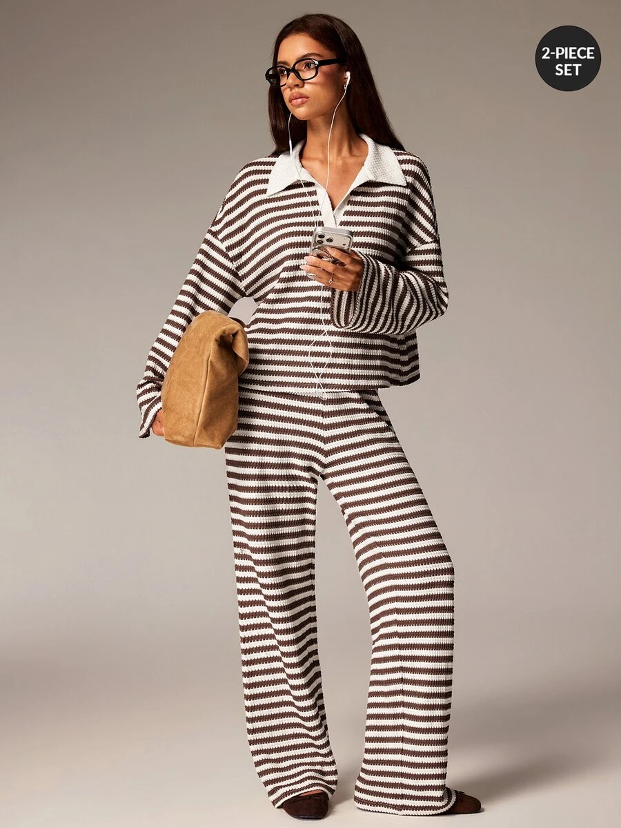 Athîral Women's Striped Drop Shoulder Long Sleeve T-Shirt And Pants Casual 2 Pieces Set - Multicolor - View 1