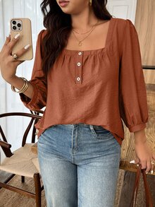 Weeklong Women Plus Size Spring Summer Casual Vacation Square Neck Button Mid Sleeve Solid Color Shirt, Suitable For Daily Wear And Vacation - Orange - View 3
