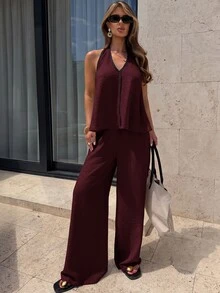 Firerie Women's Elegant 2 Pieces Set With V-Neck Halter Tank Top And Long Pants - Burgundy - View 3
