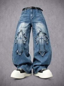 Manfinity Denimwave 男士街頭風哥德式十字印花黑白對比丹寧喇叭牛仔褲 - 中等水洗藍 - 查看 2