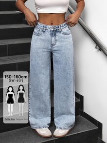 SHEIN PETITE 女款簡約百搭鈕扣口袋寬鬆牛仔褲 - 藍色 - 查看 8
