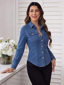 SHEIN Privé 女款時尚鈕扣長袖牛仔修身襯衫 - 中等水洗藍 - 查看 7