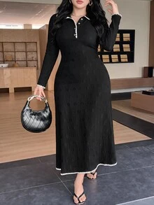 Feyla Gaun Ukuran Plus Elegan dengan Bordir Kerang dan Kancing Setengah Plaket - Hitam - View 8