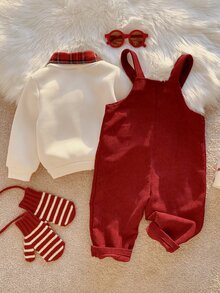 SHEIN 2pcs Baby Boy Autumn/Winter Plaid Shirt Collar Pullover Sweatshirt & Overalls Set, Sweatshirt Set, Overalls Set, Christmas Set, Red Set, Infant Set, Cute Set - Multicolor - View 2