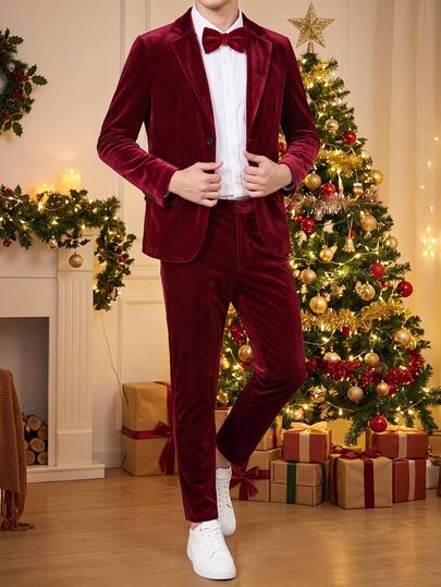 SHEIN Christmas Gentleman Style Kids Tween Boys Casual Academy Red Suit Jacket & Pants Set, Suitable For Fall/Winter, School, Family Gathering, Vacation, Party, FallOutfit, WinterOutfit, Boys Outfit Set