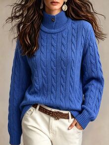 SHEIN Women's Cable Knit Stand Collar Long Sleeve Casual Versatile Sweater - Blue - View 4
