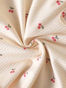 SHEIN 3pcs Newborn Baby Girls Top + Pants Set Sweet Cream Red Cherry Print Bow Ruffle Long Sleeve Ruffle Neck Regular Party Fall Holiday Ribbed - Beige - View 5