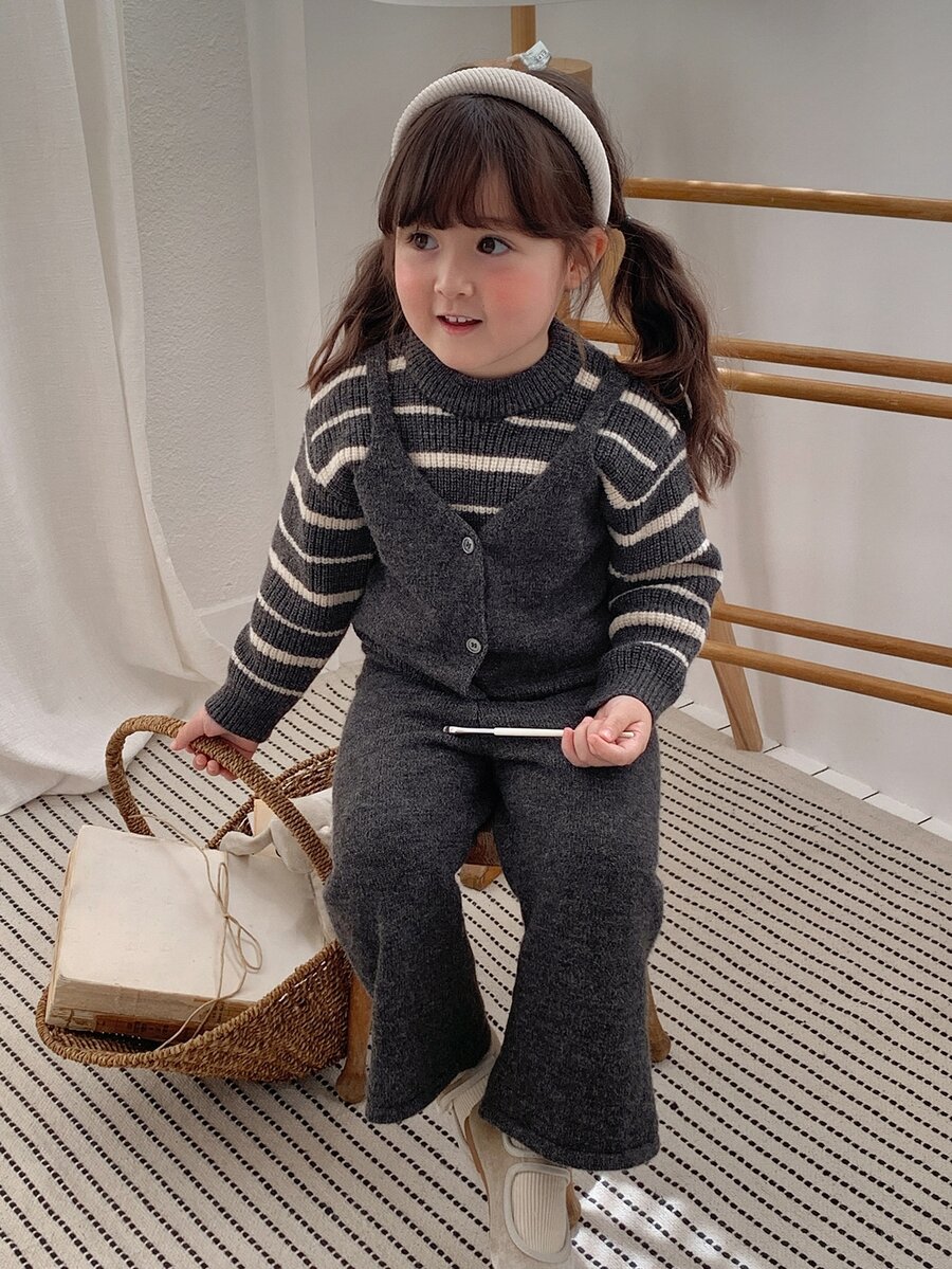DAZY Infant Girl Round Neck 2 In 1 Korean Style Striped Long Sleeve Sweater Set - Grey - View 1
