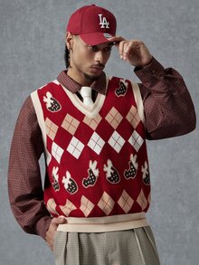 PAVTROS Men's Diamond Pattern V-Neck Casual Versatile Knit Vest - Multicolor - View 1