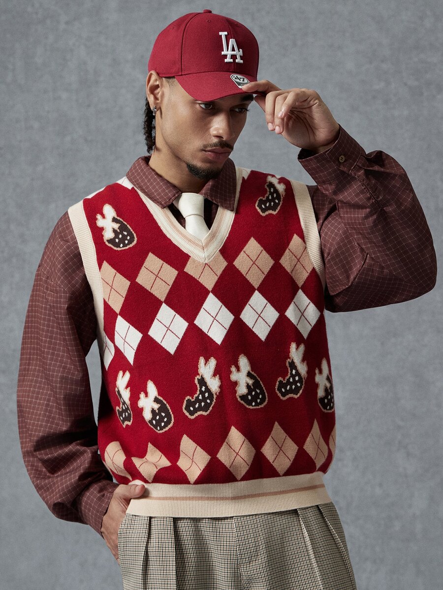 PAVTROS Men's Diamond Pattern V-Neck Casual Versatile Knit Vest - Multicolor - View 1