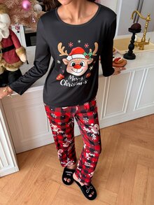 SweetSlumber Christmas Print Colorblock Round Neck Pullover Women Pajama Set - Multicolor - View 3