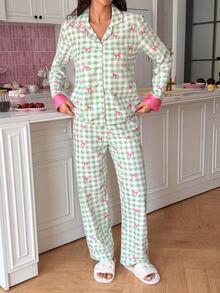 SweetSlumber Plaid Bow Bubble Puff Women's Pajama Set - Green - View 2