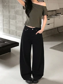 DAZY 女款水洗重磅韓式寬鬆牛仔褲 秋季 - 黑色 - 查看 6